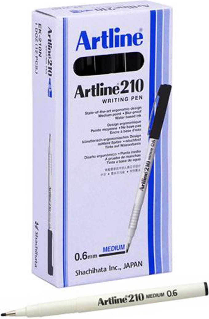 Artline 210 Fineliner - Set 12 Stuks - Medium Punt 0,6mm - Wrijfvast - Zwart
