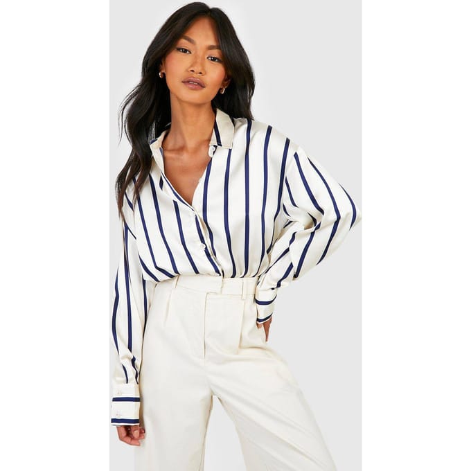 boohoo Dames Fijn gestreept satijnen overhemd | Creme | Maat: 36