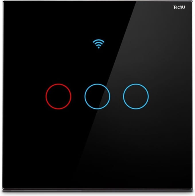 TechU™ Slimme Wandschakelaar 3 Knoppen – Wifi & App – Zwart – Alexa Amazon & Google Assistant – Hard glaspaneel – Waterdicht