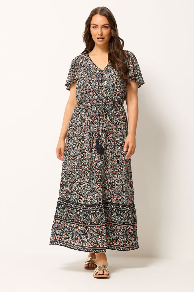 Yours Zwarte, Ditsy Jurk Met Bloemendetails En Details Size 42