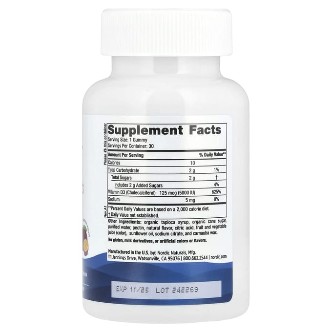 Nordic Naturals, Vitamine D3 gummies, passievrucht, 125mcg (5.000 IE), 30 gummies