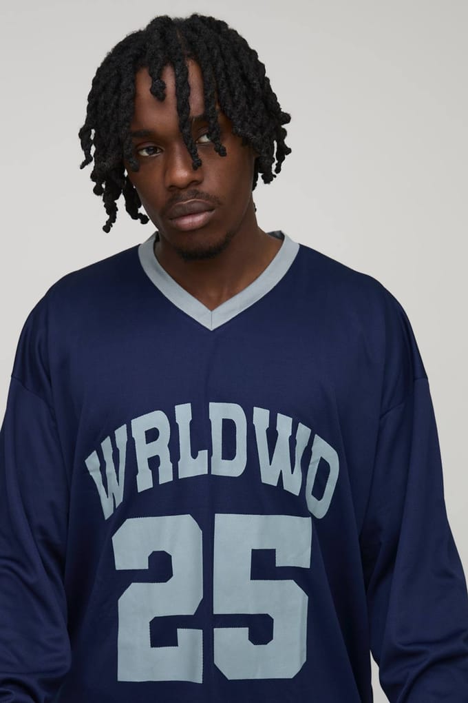 Tall Oversized WRLDWD Print Long-sleeved Sports T-Shirt | Navy | Size Medium