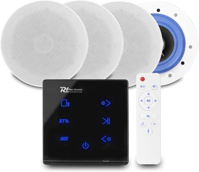 Power Dynamics set van 4 ESCS5 plafondspeakers met de A100B inbouw versterker - Bluetooth - 4x 20W