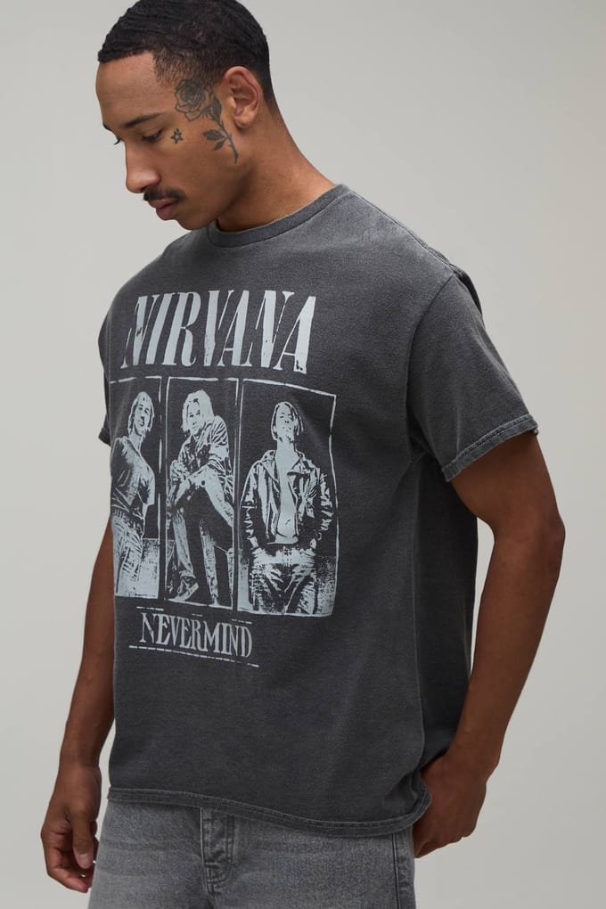 Oversized Gewassen Nirvana Licentie Print T-shirt | Washed Charcoal | Size Medium