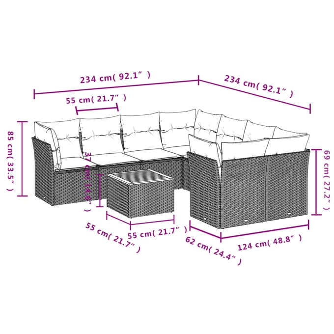 vidaXL - 9-delige - Loungeset - met - kussens - poly - rattan - beige