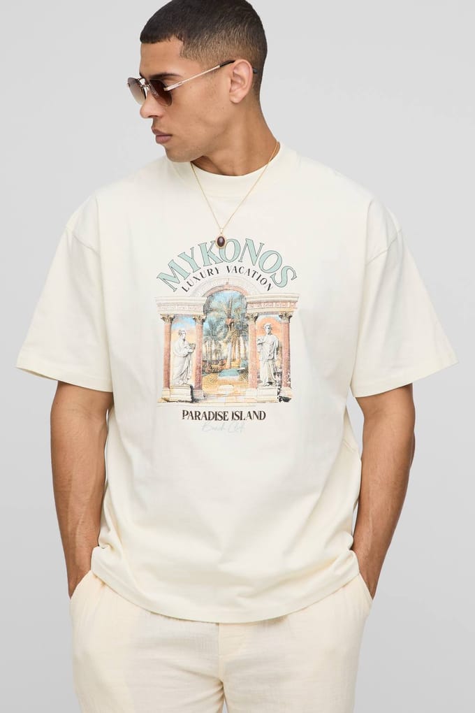 Ecru Oversized Extended Neck Mykonos Paradise Island Bedrukte T-Shirt | Size Medium
