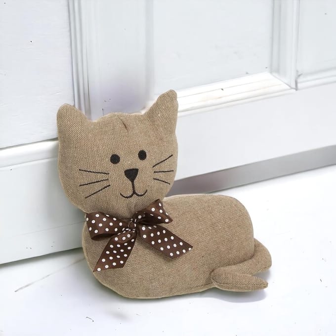 Deurstopper Kat - Vloerstopper Pluche - Deuren Open Houden - Zand Gevuld Gewicht - 20 cm - Bruin