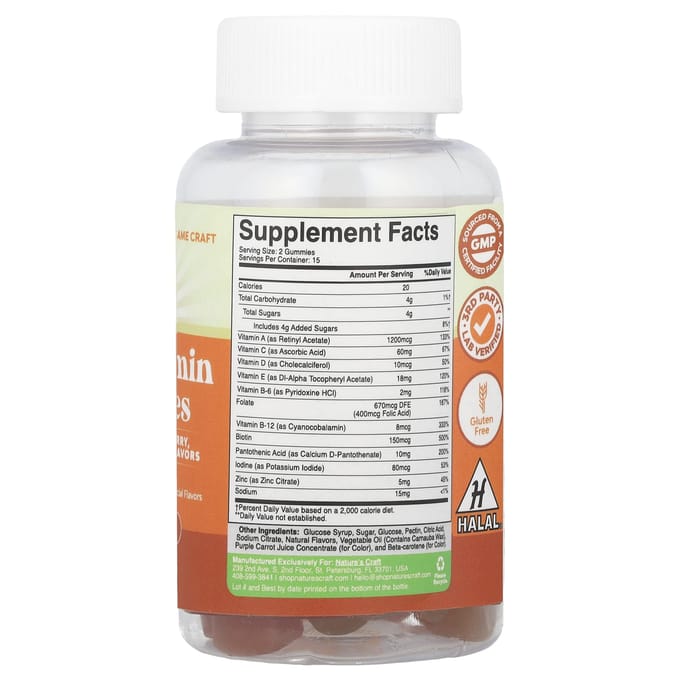 Nature's Craft, multivitamine gummies, sinaasappel, kers, aardbei, 30 gummies