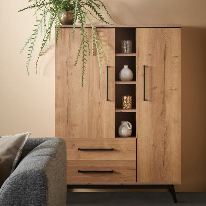 Wandkast Batenburg - MDF/Metaal - Eiken/Zwart - 120x170x45 cm (BxHxD)