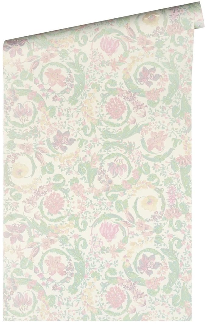 SATIJN GLANZENDE KLASSIEKE BLOEMEN BEHANG | Design - munt roze wit groen - A.S. Création Versace 5