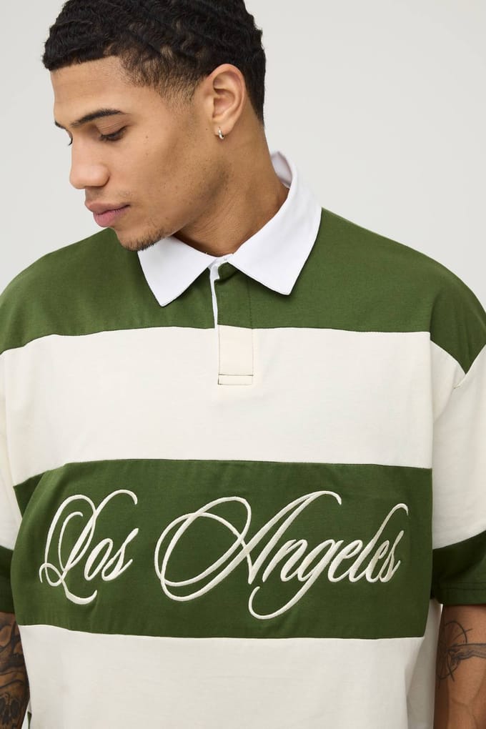 Los Angeles Gestreepte Rugby Polo Met Korte Mouwen | Olive | Size Medium