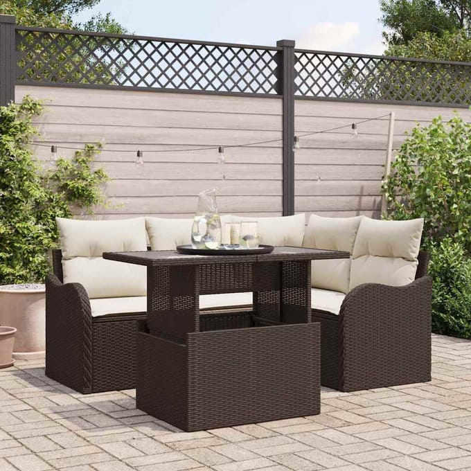 vidaXL Tuinbank Set met kussen met kussen 5 pcs Bruin Poly Riet