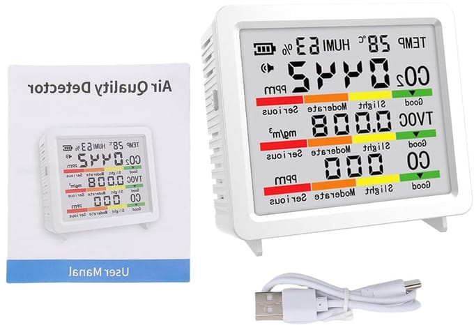 Luchtkwaliteitsmonitor - Gasdetector CO2 - Gezond Binnenklimaat - Vijf Metingen In Één - 30 Uur Batterij - Wit
