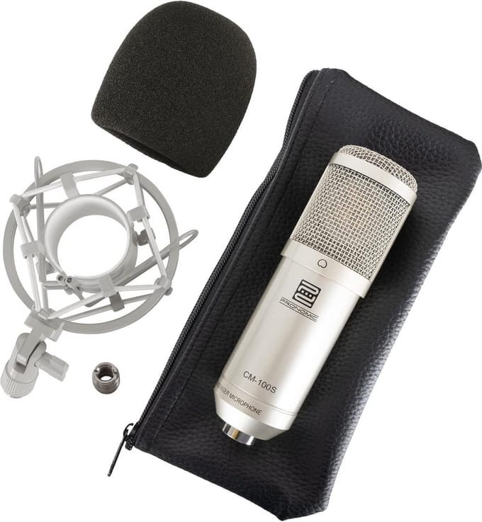 Pronomic CM-100S Studio Grootmembraanmicrofoon XLR-condensatormicrofoon (met microfoonspin, etui, windkap, reductiedraad) zilver
