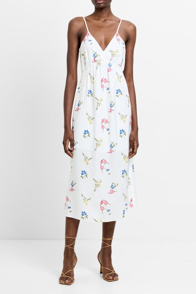 French Connection Kirsty Drape Sun Dress White Multi Maat: 6 | Midi Jurken Outlet | Dames | Wit