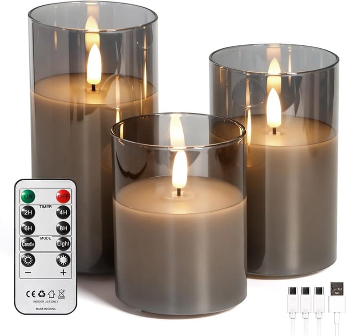 Led-kaarsen - Vlamloze kaarsen - Sfeerverlichting creëren - Oplaadbaar met timer - Set van 3 - Grijs