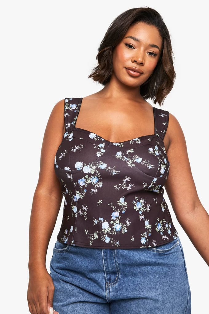 boohoo Dames PLUS DITSY KANTDETAIL BENGALINE TOP | Zwart | Maat: 56