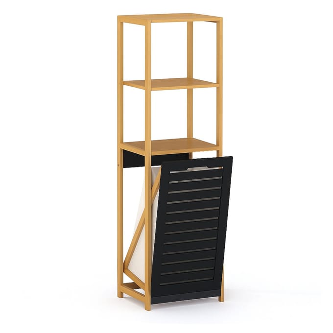 BEGRYF Wasmandkast - bamboe - met 2 opbergplanken - zwart wasvak - 36x33x130 cm