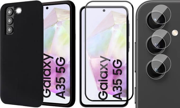Hoesje geschikt voor Samsung Galaxy A35 - Screenprotector Volledig Dekkend Glas & Camera - Mat Back Case Zwart