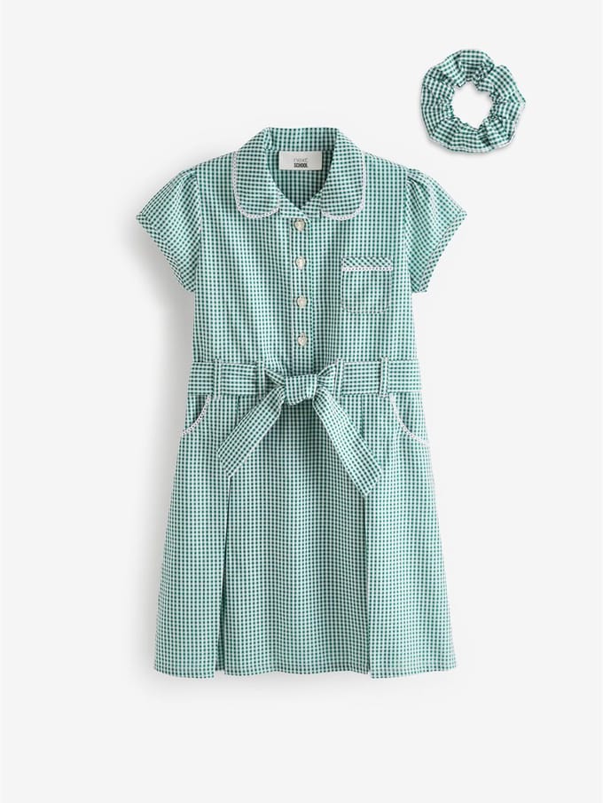 Next - Meisjes - Katoenrijke schooljurk met ceintuur en scrunchie - Groen
