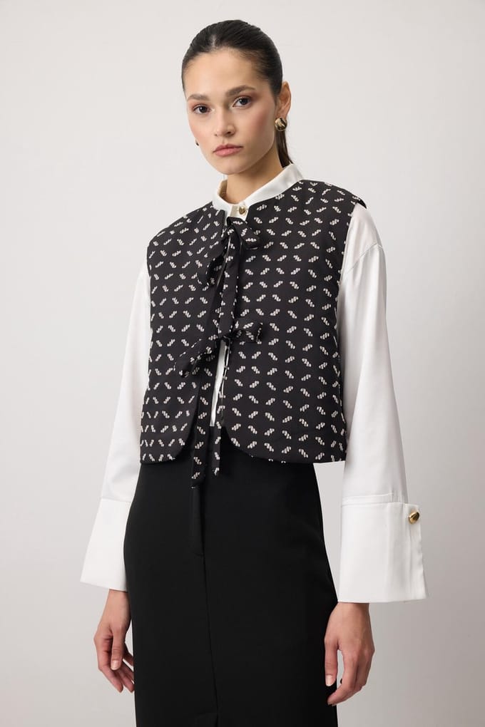 Touché Privé - Jacquard gilet met strikceintuur - Zwart - Dames