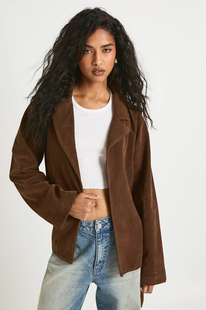 boohoo Dames Korte suede trenchcoat met ceintuur | Tan | Maat: 40