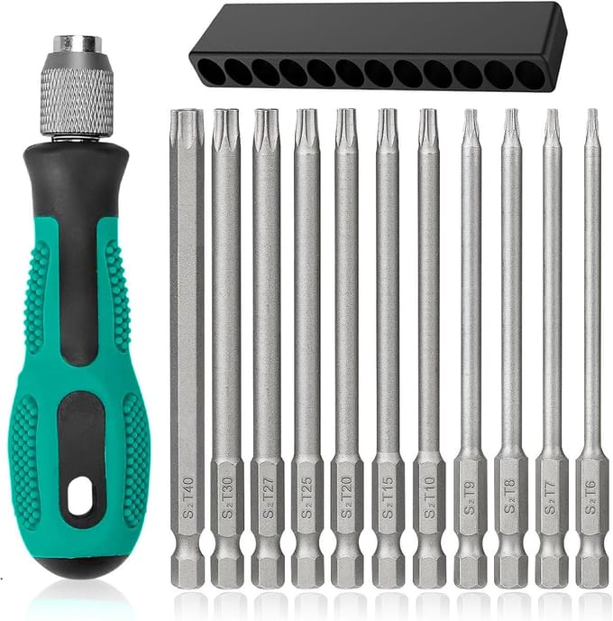Schroevendraaierset - Torx Bits Set - Machine Reparatie - Magnetische Punt - 100 mm - Groen/Zwart/Zilver