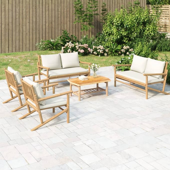 vidaXL - 5-delige - Loungeset - met - kussens - bamboe - crèmewit