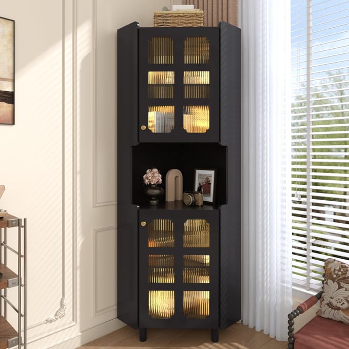 Zwarte Hoekkast - 63,5 x 124 cm - LED Verlichting - Multifunctioneel - MDF - Zwart