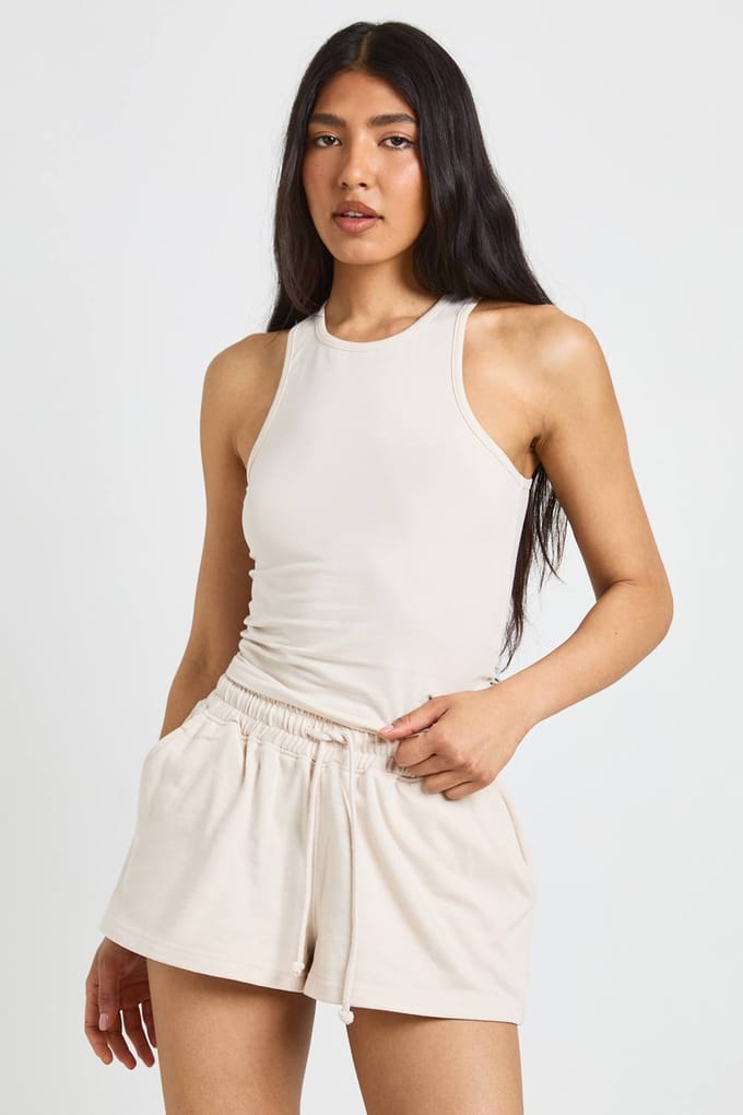 boohoo Dames Lang Racerback Top En Sweat Short Set | Ecru | Maat: Small