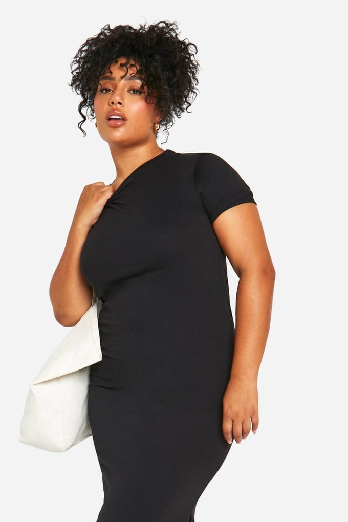 boohoo Dames Plus T-shirt Maxi Jurk | Zwart | Maat: 46
