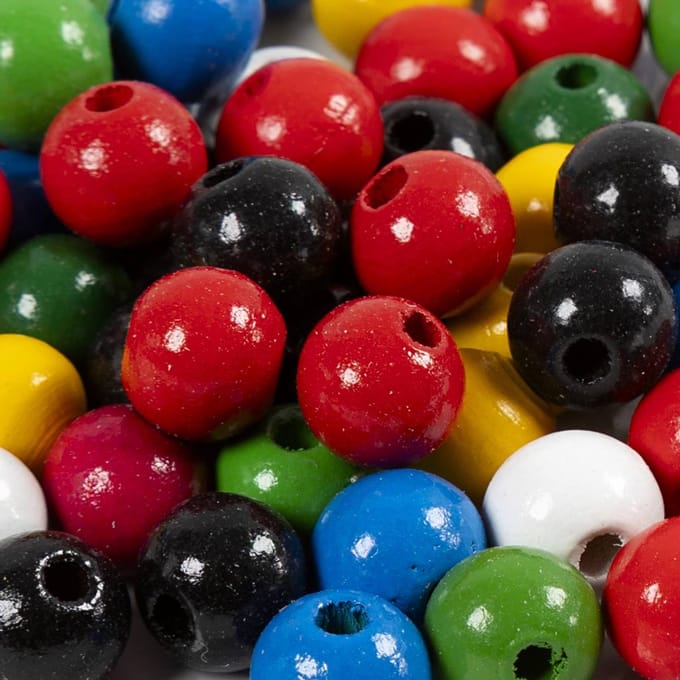 Houten kralen, d 10 mm, gatgrootte 3 mm, ca. 70 div, diverse kleuren, 20 gr