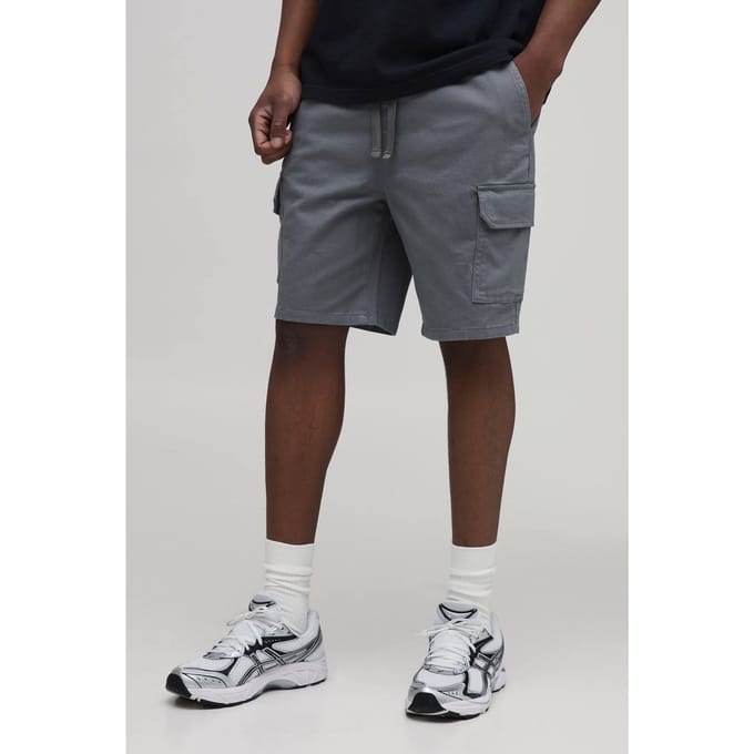 Lange Smalle Pasvorm Twill Middellange Cargo Shorts | Grey | Size Medium