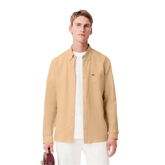 Lacoste Linnen herenoverhemd met logo (Beige)