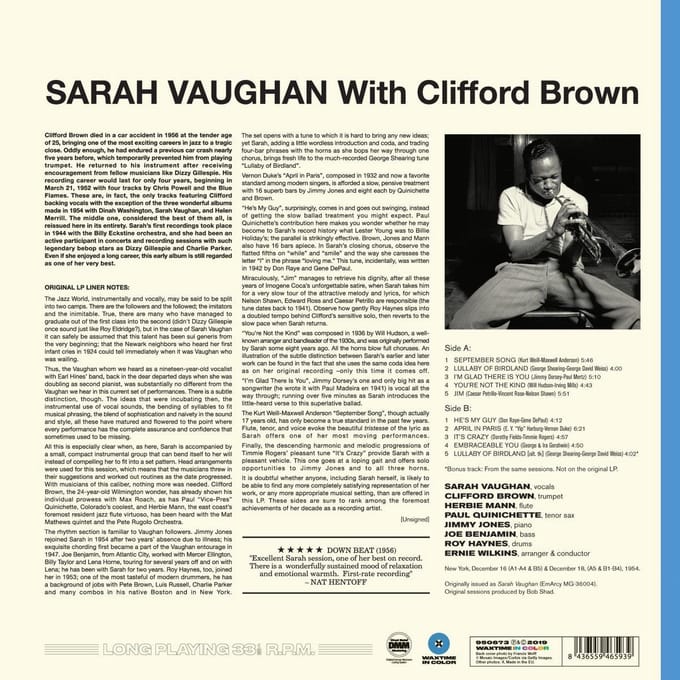 Sarah Vaughan With Clifford Brown (Limited Transparent Blue Vinyl)