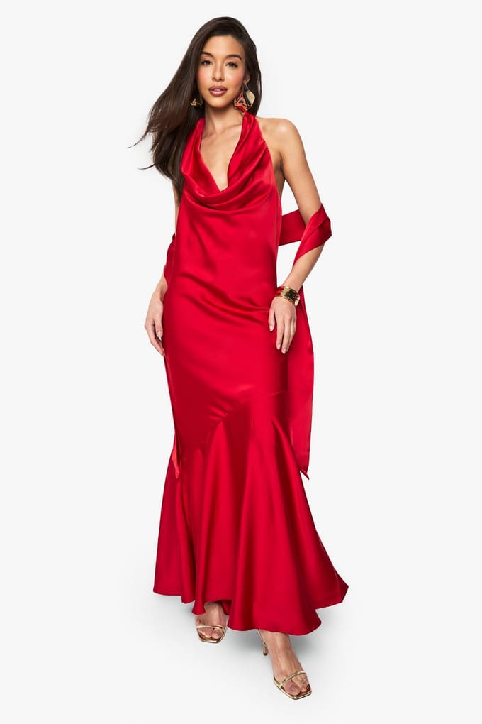 boohoo Dames Satijnen Halterneck Maxi-Jurk | Red | Maat: 16