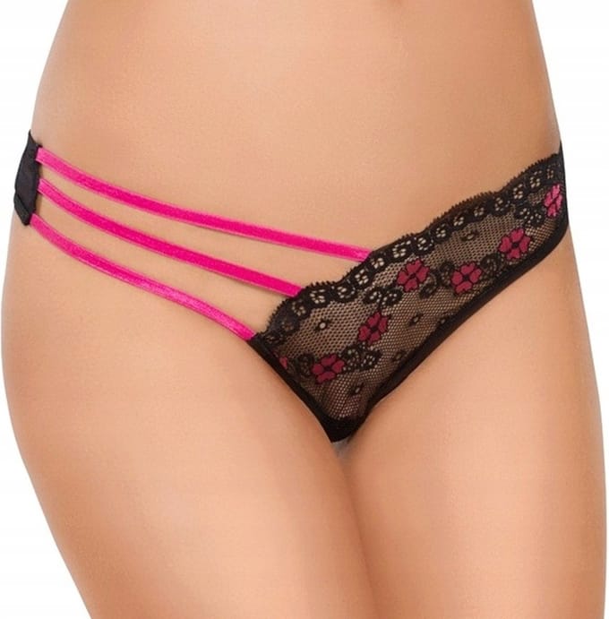 Softline - asymmetrische string met bandjes aan de zijkanten- zwart-roze M/L