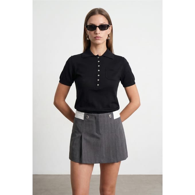 Slim Fit Polo Kraag Gebreide Blouse