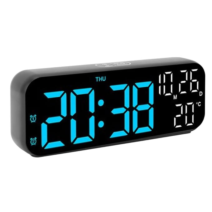 Horloge numérique à double affichage, commande vocale, 3 niveaux de luminosité réglables, affichage de la date et de la température, compte à rebours LED bleu