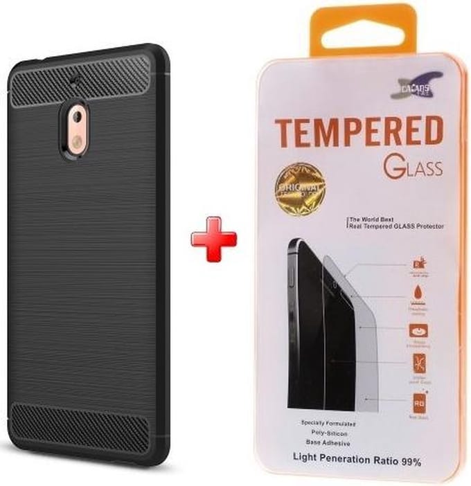Silicone gel zwart hoesje Nokia 2.1 (2018) + Glas screenprotector