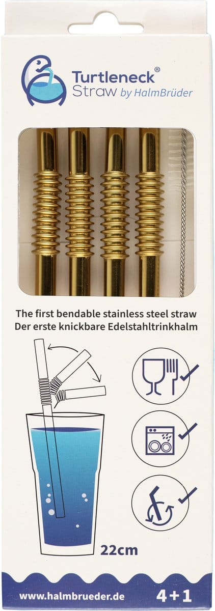 Turtleneck Herbruikbare rietjes van RVS - met borstel - Goud - Buigbaar - 4 Stuks