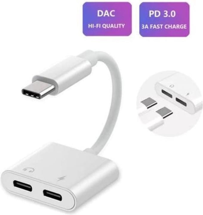 DrPhone SC3 USB-C - 2-in-1 Type-C Audio-en Oplader Adapter met DAC ondersteuning (bellen + audio) voor o.a Note 20 PLUS/ S20 / S21 / S22 / Tab S7 / S8 etc