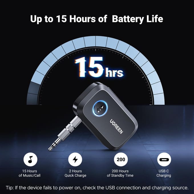 UGREEN Bluetooth Auto Auto Component 15M Communicatie Zwart Certificering 5.3 Ontvanger, 3.5mm Ontvanger, SBC/AAC, Audio, AUX, iPhone, Android, Stereo, zwart
