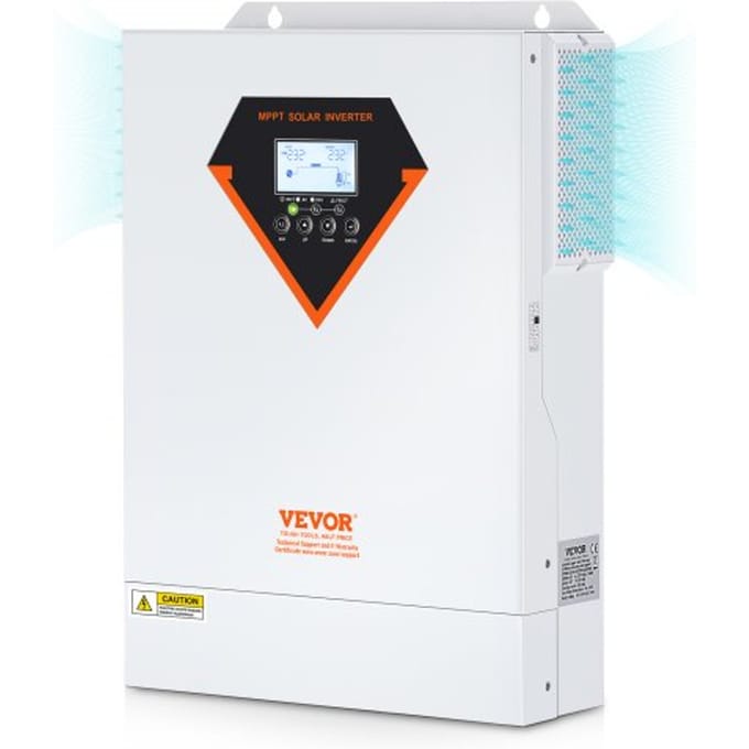 VEVOR 2-in-1 hybride zonne-omvormer 5500W zonne-omvormer 11000VA zuivere sinusgolf MPPT LCD-scherm 3 laadmodi (zonne-energie opladen, netstroom opladen, hybride opladen) en 4 uitgangsmodi (UTL, SOL, SBU, SUB)