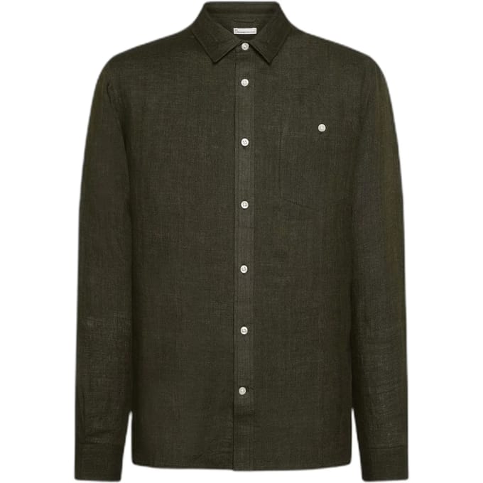 KnowledgeCotton Apparel Overhemd Linnen Olijfgroen - Maat M - Heren - Overhemden Casual
