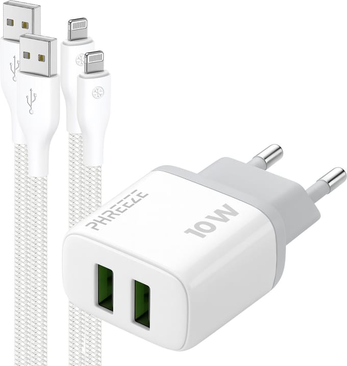 Phreeze usb oplader 12 W - Geschikt voor iPhone en iPad met Lightning kabel - Dubbele usb poorten - Power adapter 2.4 A - 1 meter