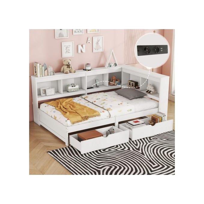 Canapé-lit - MUVOE - 90 x 200 cm - Blanc - 2 tiroirs - Ports USB intégrés blanc