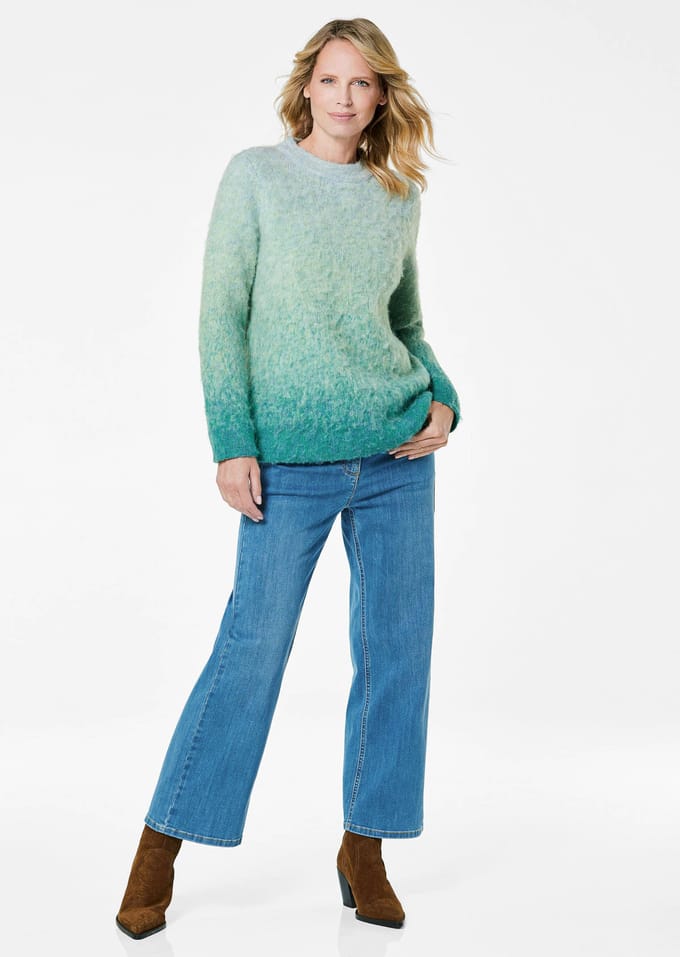 Tricot pullover van pluizige wolpool - petrol / gedess. - Gr. 54 van Goldner Fashion