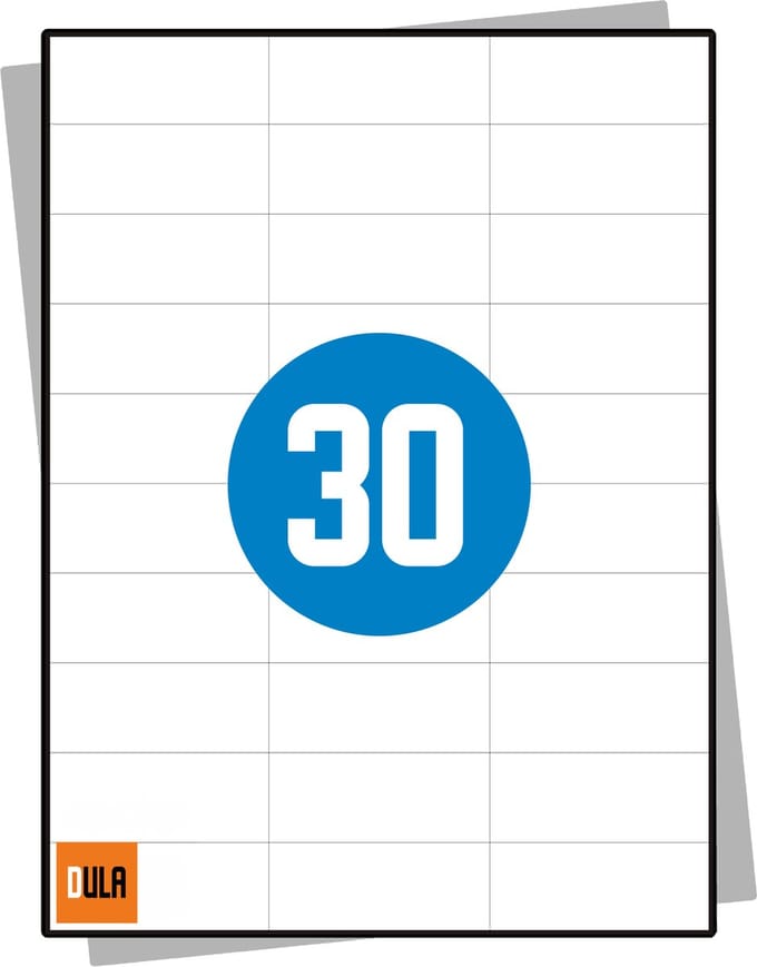 DULA Etiketten - Stickervellen A4 - 30 stickers per vel - 70 x 29,7 mm - 100 vel