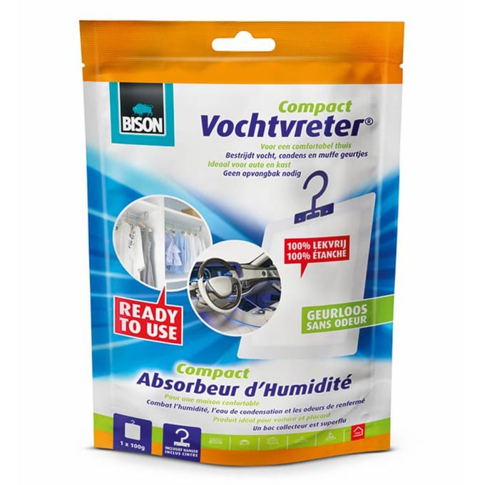 Bison Vochtvreter® Compact, luchtontvochtiger, bestrijd vocht en schimmel, speciale hanger, compact, geschikt voor kasten, auto's, caravans, campers, geen opvangbak nodig